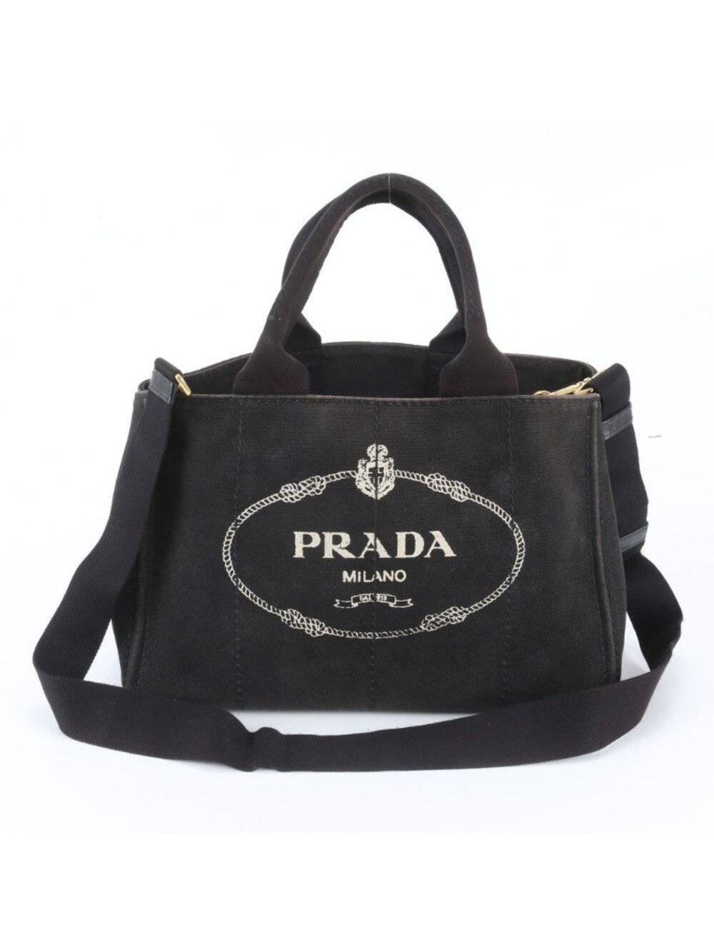 Prada Canapa 2-Way Handbag Crossbody Tote Shoulder Leather Black